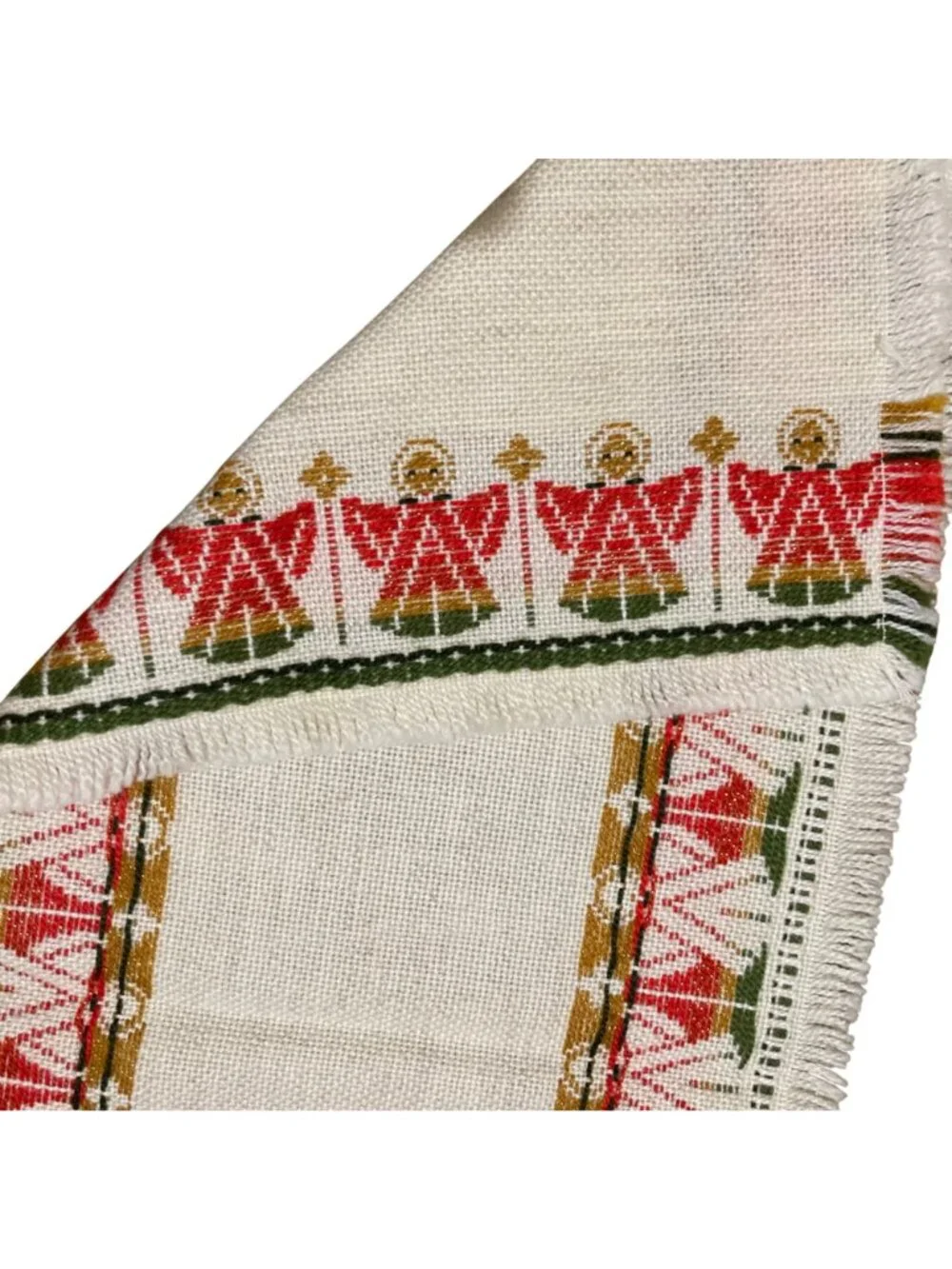 Vintage Handwoven Table Runner With Red & Green Angel Motif 40
